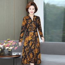 Middle-aged Lady Spring and Autumn long sleeve dress foreign-aged mother dress age-old flower waist long skirt flannel dress