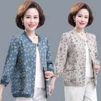 Middle-aged and elderly womens spring coat mothers dress seven-point sleeve floral baseball suit casual top cotton linen size