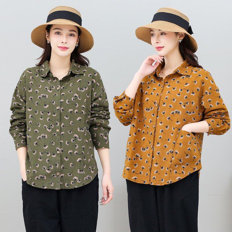 2022 Spring loaded long sleeves shirt in old age women's clothing cotton numb blouse blouse with loose large size