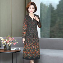 Middle-aged and elderly womens spring long sleeve floral dress loose large size foreign mother dress joyfully slim