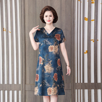 Middle Aged Womens Clothing Summer Short Sleeve Emulation Silk One-piece Dress Mom Dress Big Code Big Flower V Collar Satin Face Dress