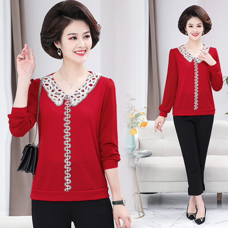 Spring long-sleeved T-shirt middle-aged and elderly women's mother's doll collar solid color underwear chiffon knitted stitching top