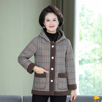 Middle-aged and elderly womens autumn and winter outfits thickened woolen jacket hooded pellet velvet coat plus velvet warm plus size mom outfit