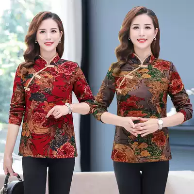 Middle-aged and elderly women's winter clothes plus velvet thickened base shirt placket retro Tang suit Chinese style T-shirt inside mother