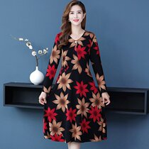 2021 middle-aged and elderly womens autumn dress long sleeve dress print large size casual long thread cotton skirt mother dress