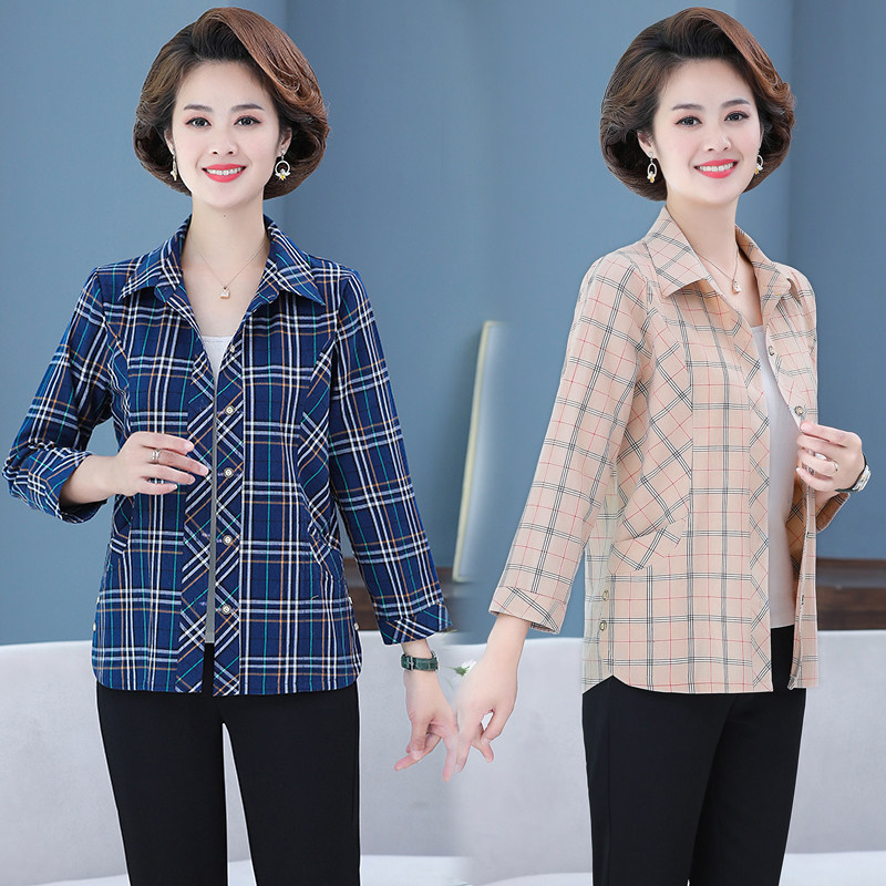 Mother Loaded Spring Dress Long Sleeve Pure Cotton Shirt With Pocket Mid Aged Women's Full Cotton Plaid Shirt Cardiovert Size