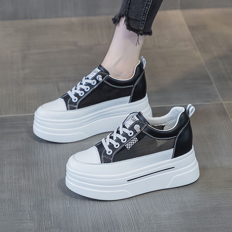 Inner Height Increase of 8cm for Petite Women, Genuine Leather Mesh White Sneakers, New Summer Style, Platform Sole, Spring and Autumn Casual Shoes