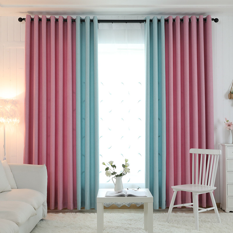 Nordic Pure Color Splicing Shading Curtains Children Cartoon Pink Princess Style Bedroom Curtain Feather Embroidered Veil