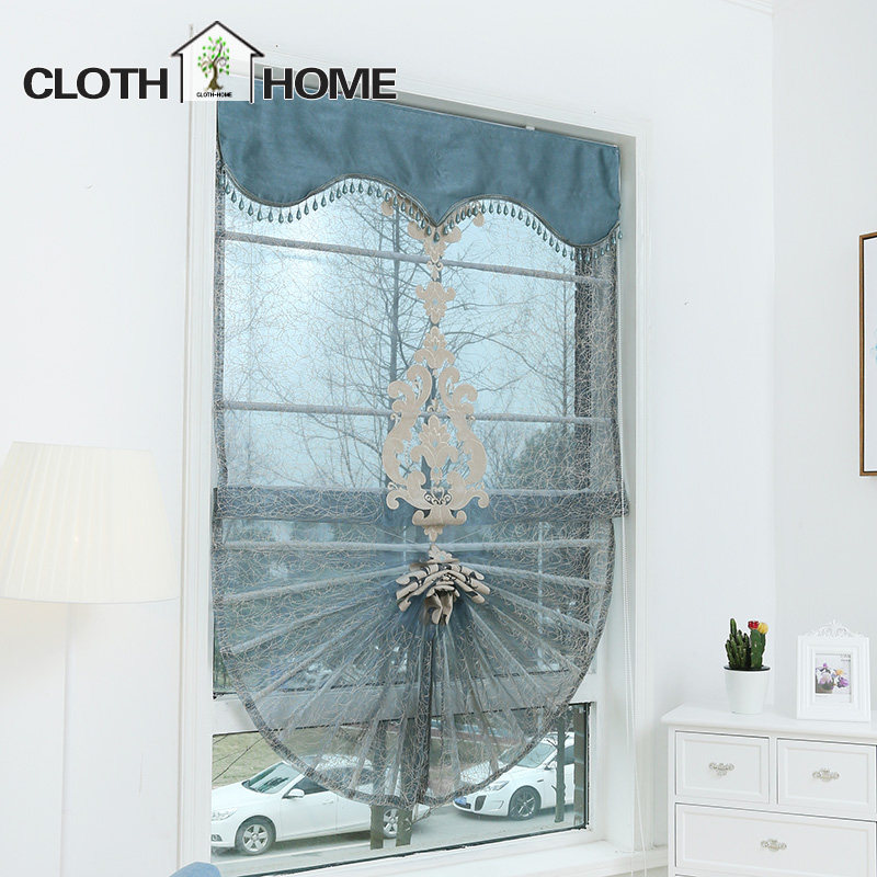 Screen curtain European bird's nest yarn louver embroidery curtain Living Room Balcony Dining room Kitchen fan-shaped Roman curtain lifting curtain