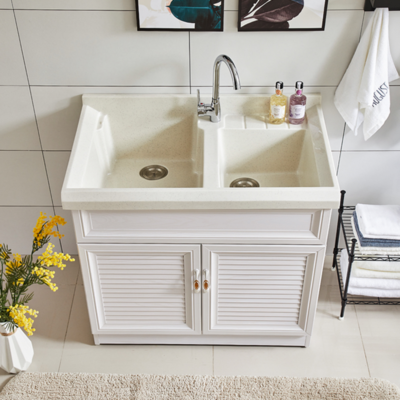 Modern Space Aluminum Laundry Cabinet Quartz Stone Double Basin Bath Room Cabinet Combined Laundry Pool Table Basin Cabinet Bathroom Cabinet Floor Cupboard-Taobao