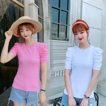European station 2021 autumn and winter new candy color slim round neck half sleeve T-shirt fashion bubble sleeve short sleeve base shirt