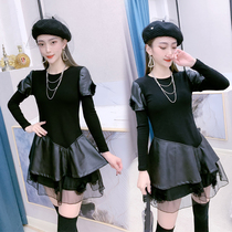 European station 2021 autumn and winter New long sleeve dress female round neck pullover A- line dress European Net red base skirt