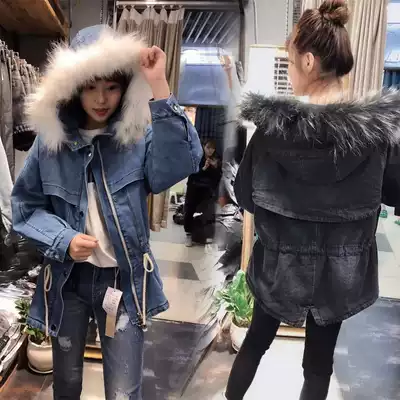 2021 autumn and winter New Fashion Pike clothes hooded real wool collar cotton clothes plus velvet thick denim coat women's waist tide