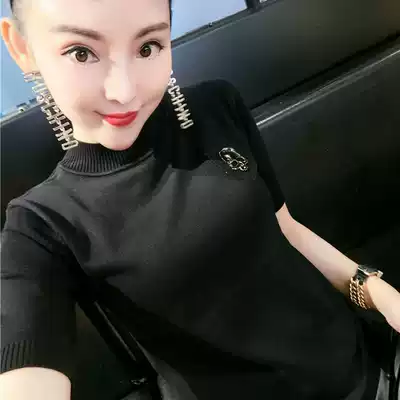 Large size female fat mm new autumn and winter plus size short sleeve knitwear half high collar pullover base shirt