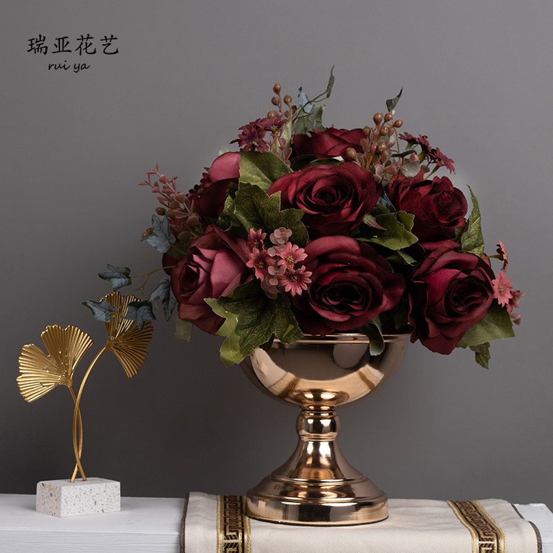 European-style retro rose simulation flower set flower art living room table silk flower decoration fake flower drying flower vase decoration set