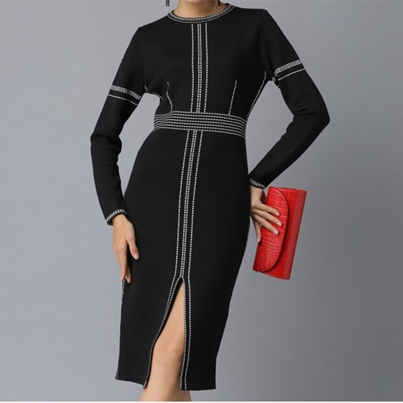 2021 Amasch new special autumn striped round collar open fork long sleeve foreign dress 5499084-4T55211-003