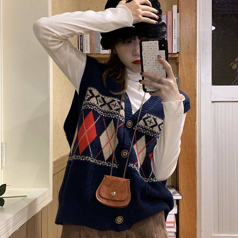 2022 Amarsh new special autumn new diamond-shaped printing color matching single-breasted V-neck vest women's 5102151