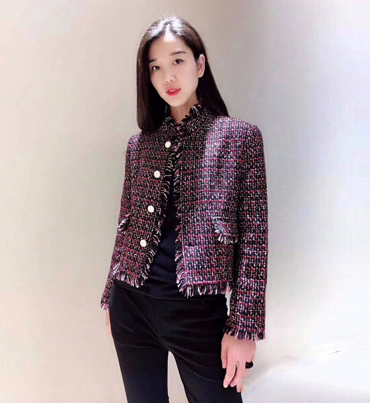 20212 Amashxinte wool stand collar plaid small fragrance tassel short coat 5400275-7075611