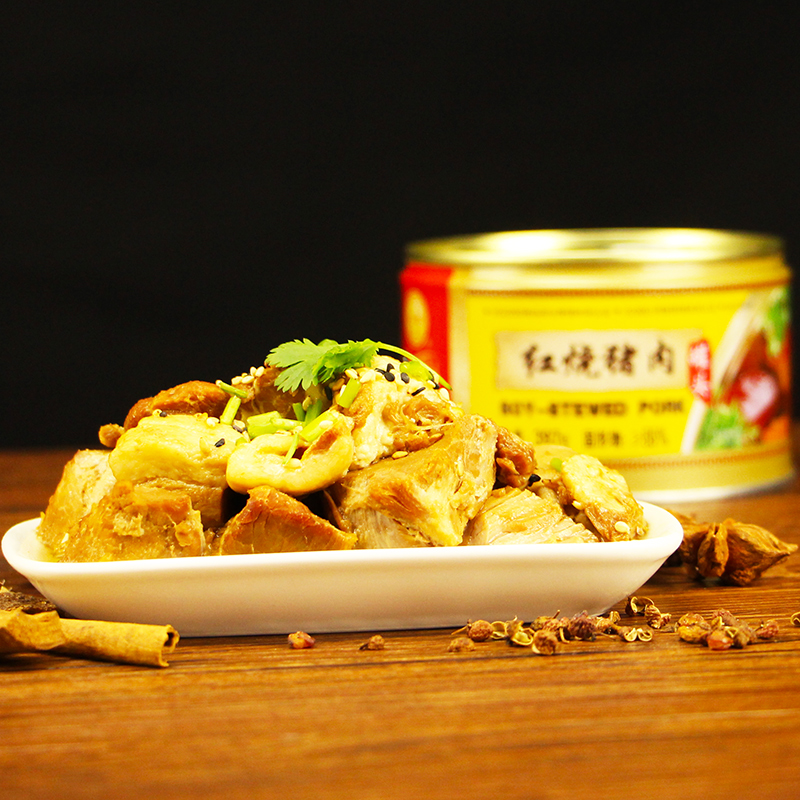 Old character number Red burn pork pot head food open jar ready-to-use halogen-like meat products 5-flower meat 397g * 4 canned