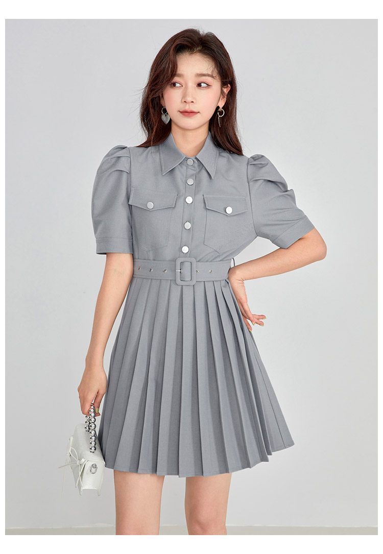 凡兔简约舒适单排扣显瘦百褶连衣裙2022夏季新款时尚口袋通勤裙女详情20