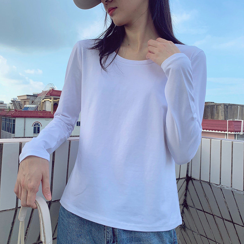 Spring and winter low round neck white base shirt women's long-sleeved t-shirt skinny slim autumn clothes Pure cotton inner ride ins wild