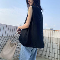  Black sleeveless vest women wear outside to cover their stomachs loose large size t-shirt pure cotton solid color bottoming suspender inner top summer