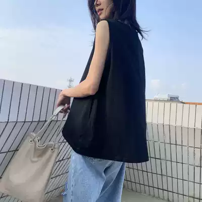 Black sleeveless vest women wear belly loose large size T-shirt pure cotton solid color bottoming sling inner top summer