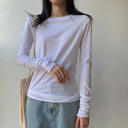 Весенний белый базовый приятный телу брендовый лонгслив, облегающий крой, по фигуре