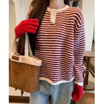 Suseyiku Striped Soft Knit Sweater Autumn and Winter Korean Style Lazy Loose Round Neck Pullover Inner Sweater Top