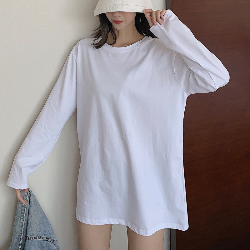 Korean spring and autumn simple and versatile solid color mid-length bottoming shirt cotton white t loose round neck long-sleeved T-shirt women's tide