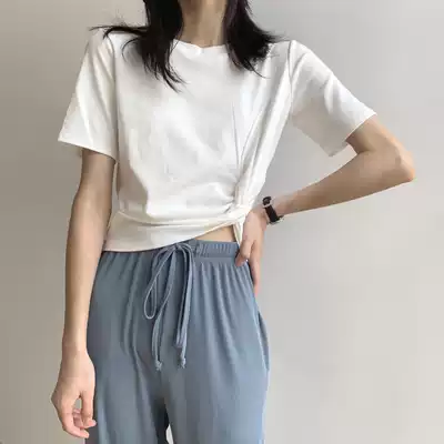 White short-sleeved T-shirt women's cross short Sexy Slim high waist navel tight ins summer cotton slim top
