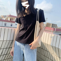  2021 summer hollow heart oblique V-neck solid color T-shirt womens short-sleeved black slim-fitting exposed clavicle sexy top ins