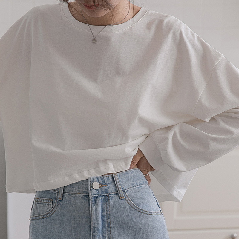 White High-Waisted Short Long-Sleeve Base Shirt T-Shirt for Women, Versatile for Autumn, Trendy Midriff-Baring Cotton Loose Top ins