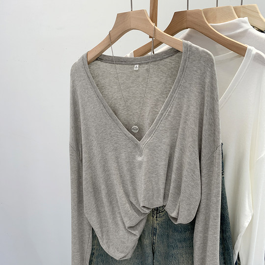 Loose, Slimming, Lazy Style, Thin, Deep V-Neck, Long-Sleeved Base T-Shirt for Women, Spring and Summer Air-Conditioning Sun Protection Cover-Up Top