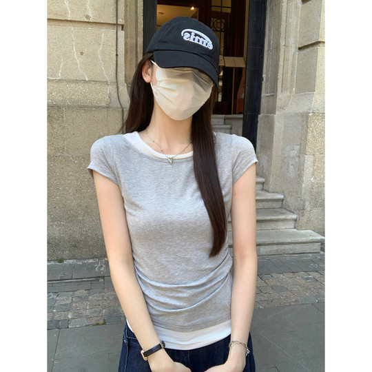 Suseyiku summer Korean style contrasting round neck pleated design modal short-sleeved T-shirt top