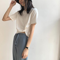  Summer cross-knotted design sense irregular pure cotton short-sleeved T-shirt womens short high-waist solid color western style top tide