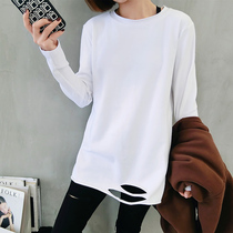 Cotton T-shirt women Spring and Autumn long hem hole White Joker long sleeve base shirt loose solid color coat women
