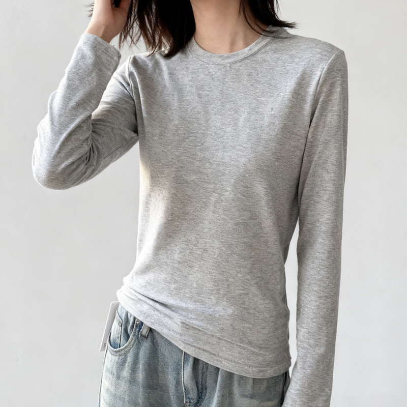 Solid Color Slim-Fit Long-Sleeve T-Shirt for Women, Autumn New Short Style, Round Neck, Simple Basic Base Shirt for Winter