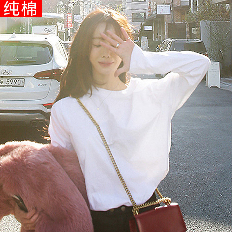 Spring and autumn white T-shirt woman sleeve loose T-shirt with a new round-neck cotton-hundred tops