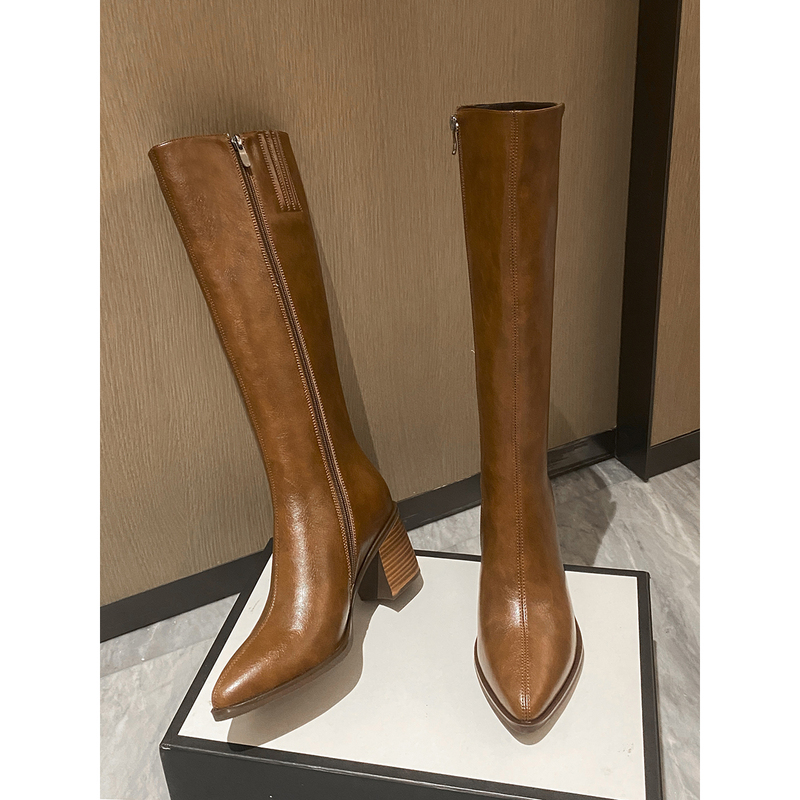 Brown Pointed-Toe Long Boots for Women 2025 Autumn and Winter New Genuine Leather High-Heeled High-Tube Riding Boots Plus Size Fat mm Women's Boots 41 Brown Pointed-Toe Long Boots for Women 2025 Autumn and Winter New Genuine Leather High-Heeled High-Tube Riding Boots Plus Size Fat mm Women's Boots 41