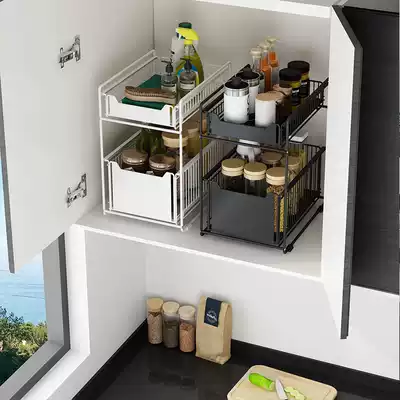 Kitchen lower sink storage rack retractable bathroom countertop integral cabinet seasoning storage tiered storage shelf