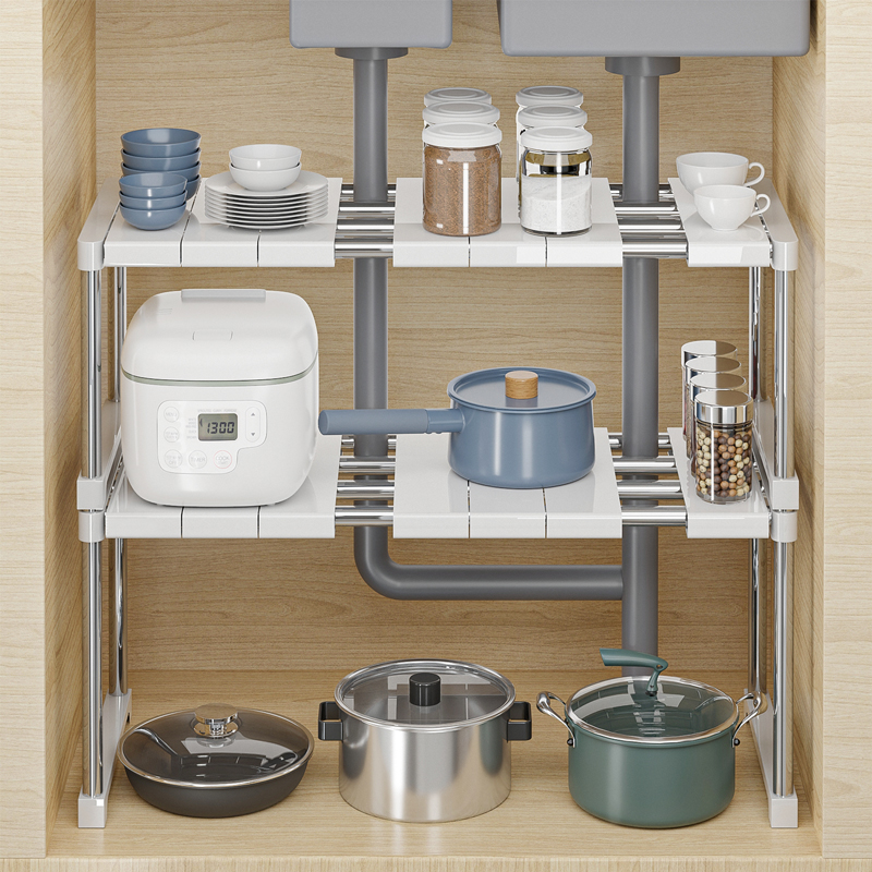Kitchen sink rack stainless steel retractable stacking pot rack storage artifact cabinet cabinet layered rack