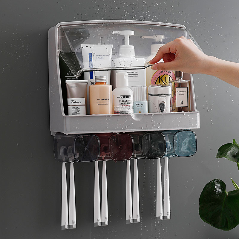 Makeup Room Toothbrush Tooth Cup Shelf Toiletries Cup Drain Dressing Room Wall-mounted Free-punch containing box dental cylinder rack