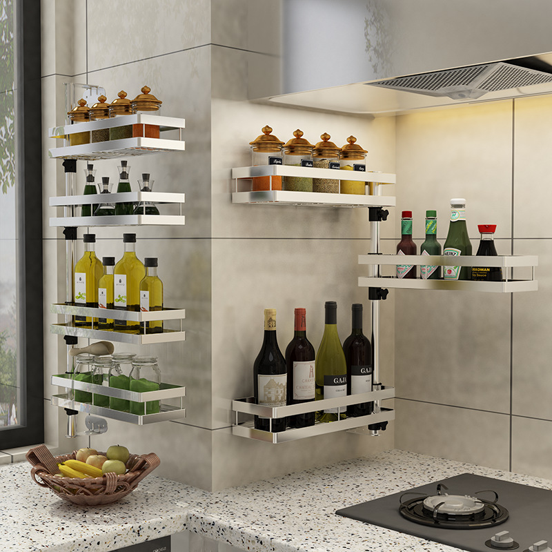Kitchen corner shelf Wall-mounted multi-layer function hole-free 304 stainless steel rotary seasoning tank rack