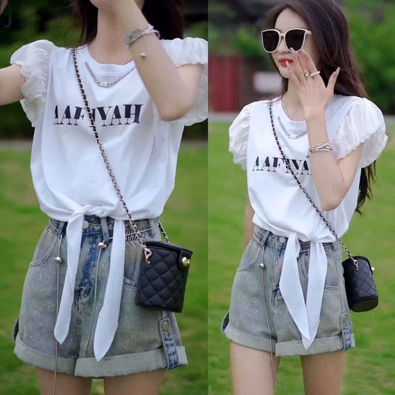 European Style White Short-Sleeved T-Shirt for Women, Pure Cotton, Summer Fashion, Flutter Sleeves, Stylish, Slimming, Tie-Up Hem, Short Top
