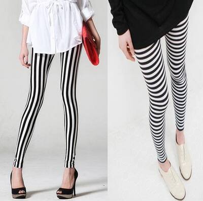 Spring and autumn thin leggings for women, Korean style, trendy, fashionable and individual. Black and white horizontal and vertical stripes, versatile, elastic and slimming 9-inch pants