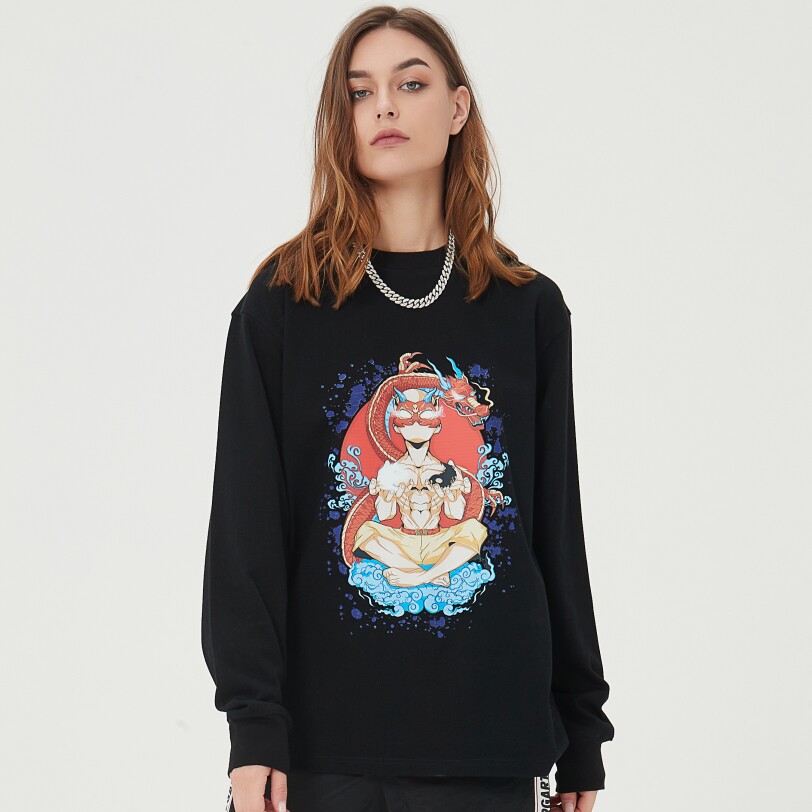 Traphero national trend oversize cotton thin section printed round neck street fashion casual men and women with the same sweater