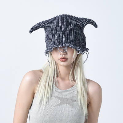 YEZI OD Coarse knitted devil horn cold hat, wasteland style, perforated and fringed, dark street style woolen hat