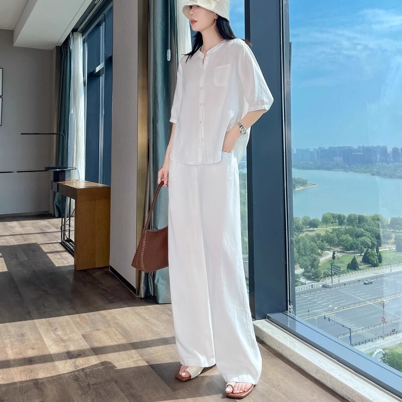 Linen Shirt Suit for Women, White, Spring and Autumn, Casual, Loose, Retro, Versatile, Summer Wide-Leg Pants, Lazy Style Two-Piece Set