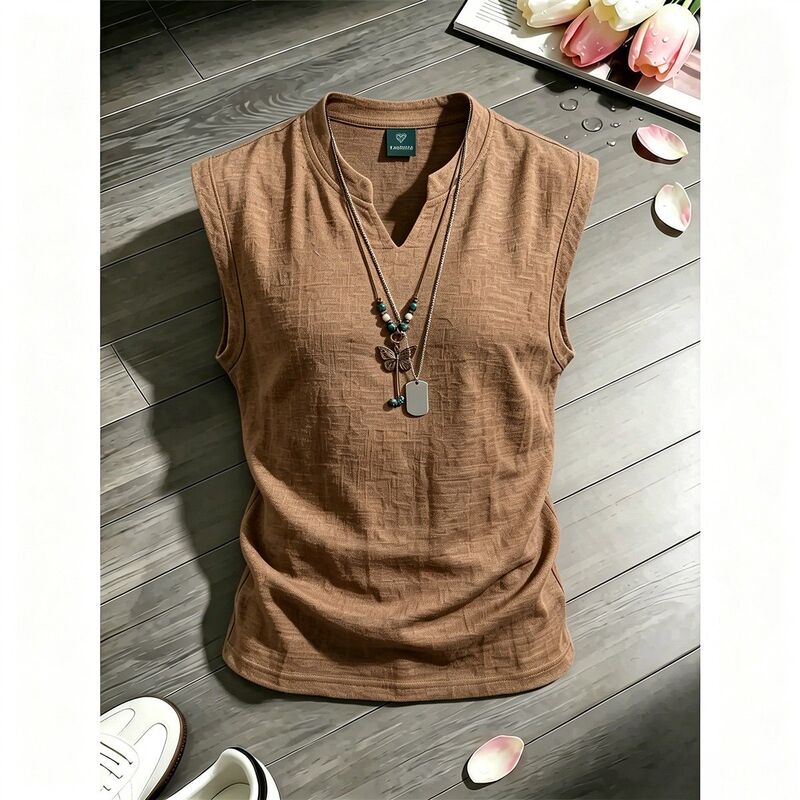 Coffee-Colored Linen-Like Quick-Drying V-Neck Vest for Men, Summer Thin Style, Relaxed Fit, Sleeveless T-Shirt, Lyocell Tencel Undershirt